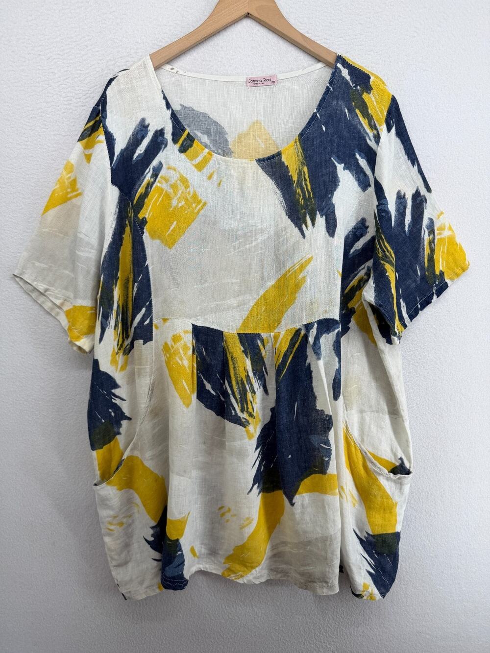 CATERINA RICCI Tunic 2X Plus Linen Abstract Brushstroke Shift White Italy